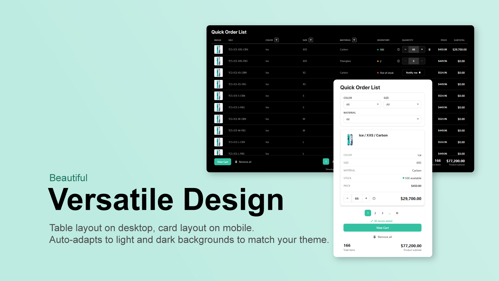 Quick Order List in table layout on desktop and card layout on mobile with light and dark themes